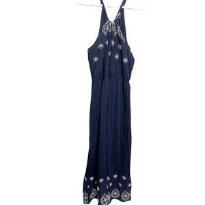 OLD NAVY Womens Halter Large Dress Blue Embroidered Maxi Keyhole Back Prarie